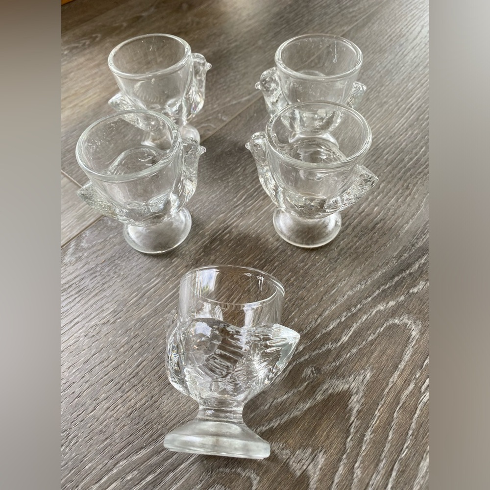 Vintage French Pressed Clear Glass Chicken Egg Cups Set of 5